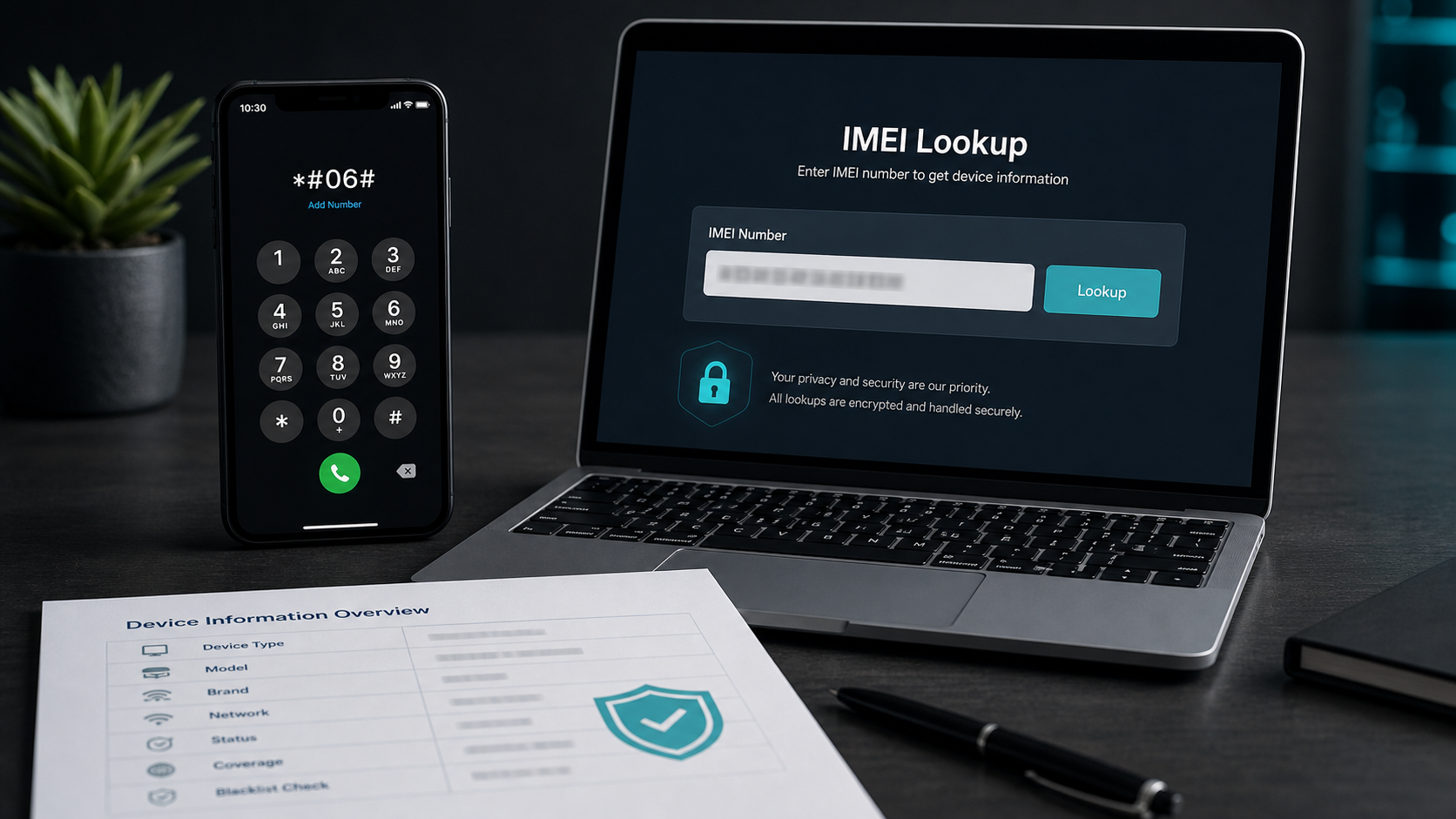 Manual IMEI lookup workflow on a laptop and phone
